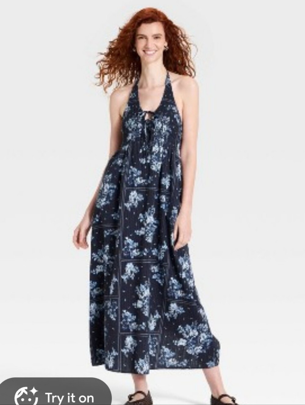 Nwot Stunning Bandana Paisley Navy Floral Halter Maxi Dress 90s Coastal Cowboy